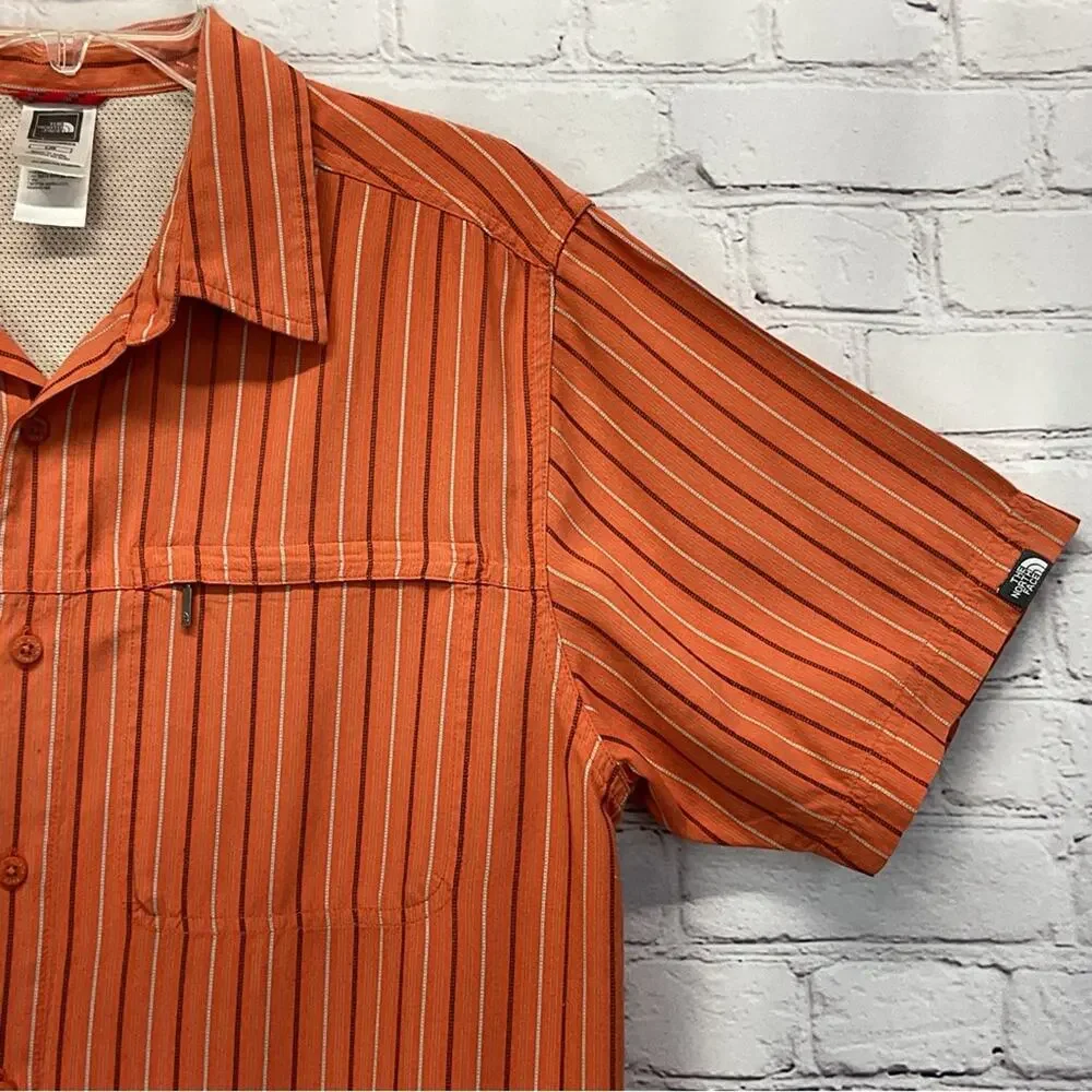 The North Face Button Up Shirt Men's Size Lg Rust Stripe Casual Front Zip Pocket